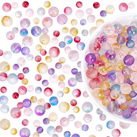 PandaHall Elite 450pcs Crystal Glass Round Beads, 5 Color Frosted Spray Painted Loose Spacer Beads with Golden Foil for DIY Bracelets Necklace Jewelry Making Supplies, 6mm/8mm/10mm