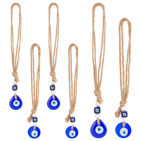 PandaHall Elite 6pcs Blue Evil Eye Decor Home Wall Hanging, Turkish Evil Eye Decor Ornament with Opaque Beads and Jute Twine for Craft Decoration, Rear View Mirror Accessories, 8.66~8.85inch