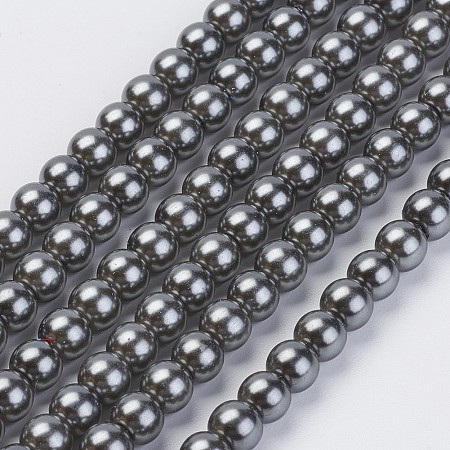 Eco-Friendly Dyed Glass Pearl Bead Strands, Round, Cotton Cord Threaded, Gray, 6mm, Hole: 1.2~1.5mm, about 70pcs/strand, 15.7 inch