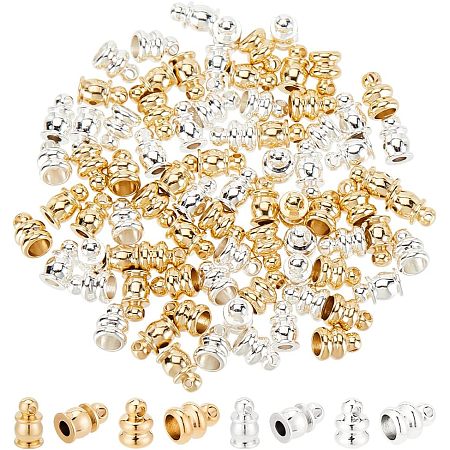 Arricraft 80 Pcs 2 Styles Brass Glue-in Barrel End Cap, Real 24K Gold Plated Bell-Shape End Cap Golden Silver Cord End Caps Findings for Leather Tassels DIY Jewelry Making