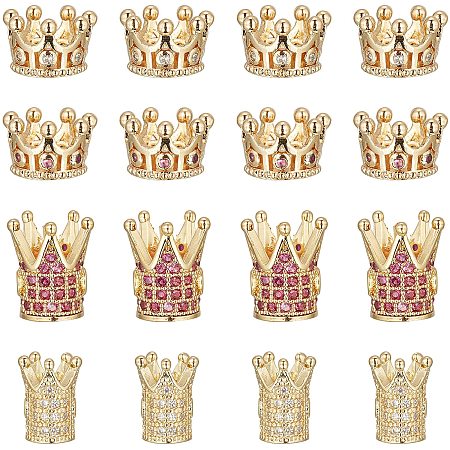 NBEADS 16 Pcs Cubic Zirconia Crown Beads, 4 Styles Brass King Crown Charms Beads Golden Rhinestone Spacer Beads for DIY Crafts Jewelry Making Valentine's Day Gifts