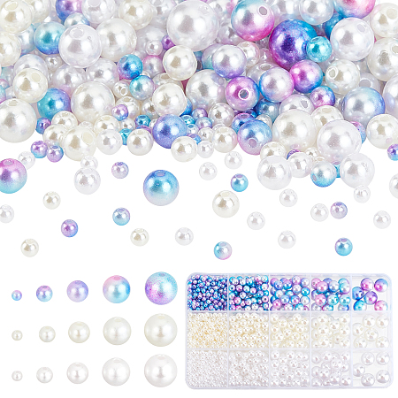 PandaHall Elite Imitation Pearl Beads, 1200pcs 15 Styles Smooth Luster Plastic Pearl Beads 4/6/8/10/12mm White Old Lace Gradient Mermaid Round Loose Beads for Jewellery Wedding Party Decor, 1.5~2.3mm Hole