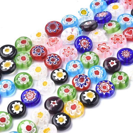 Honeyhandy Flat Round Handmade Millefiori Glass Beads, Mixed Color, 10x4mm, Hole: 1mm, about 38pcs/strand, 14.5 inch