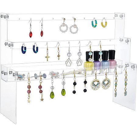 PandaHall Elite 3-Tier Acrylic Holder Rack, Jewelry Earring Organizer Large Storage Earring Display Stand Jewelry Tower Tree for Jewelry Show Online Stores Photography Display Props, 12.2x3.9 Inch