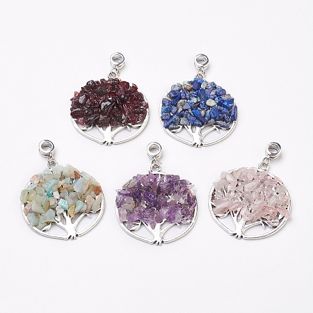 Honeyhandy Natural Mixed Gemstone European Dangle Charms, Large Hole Pendants, with Antique Silver Plated Alloy Findings, Flat Round with Tree, 54.5mm, Hole: 4.5~5mm, Pendant: about 42.5~43x38.5~39.5x5~6mm