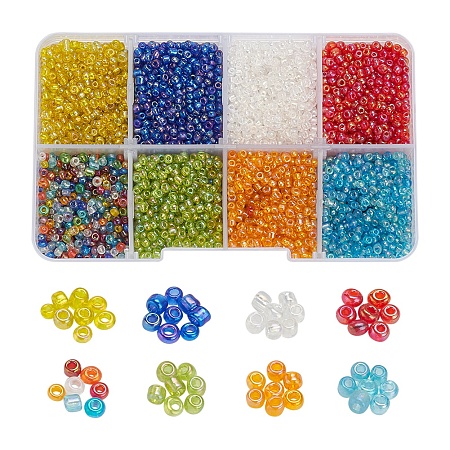 120g 8 Colors Round Glass Seed Beads, Transparent Colours Rainbow, Round, Mixed Color, about 15g/color