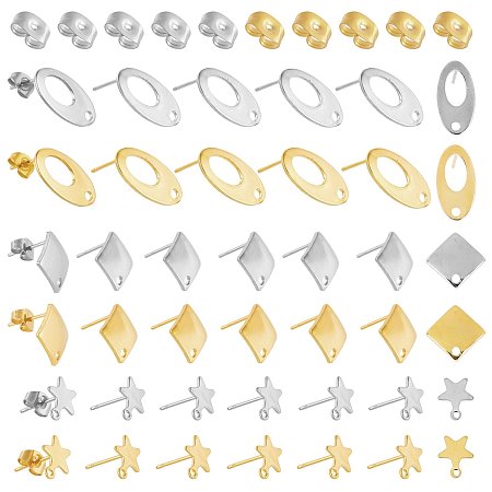 PandaHall Elite 60Pcs 2 Colors Oval & Rhombus & Star 304 Stainless Steel Stud Earring Findings, with Loop and Ear Nuts, Mixed Color, 18.5x9.5x1.5mm, Hole: 1.5mm, Pin: 0.8mm, 10pcs/color