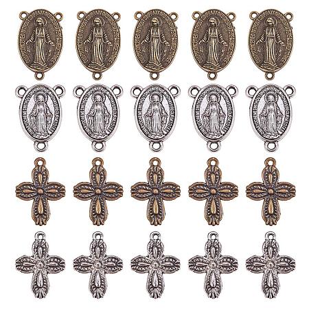 PandaHall Elite 40 pcs 4 Styles Tibetan Silver Rosary Miraculous Medal Oval Center Parts Chandelier Virgin Links Cross Pendant Charms for Jewelry Making, Antique Bronze/Antique Silver