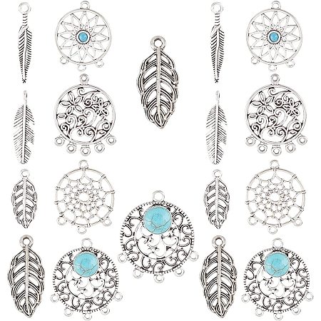 SUNNYCLUE 1 Box 184Pcs 8 Style Bohemian Feather Dream Catcher Charms Leaf Chandelier Components Links for DIY Key Chain Bracelet Necklace Earring Jewelry Making Findings, Antique Silver