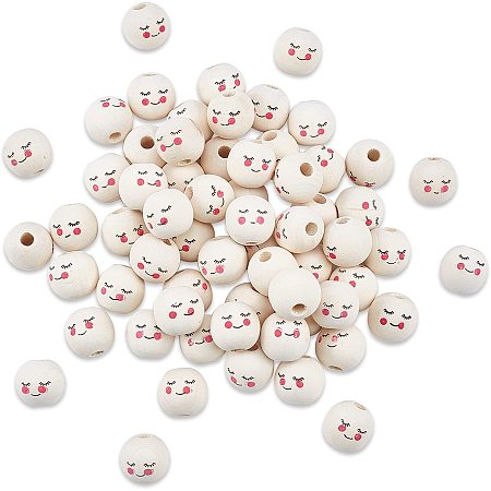 SUPERFINDINGS About 120pcs 17mm Christmas Wood Beads Natural Ball Round Spacer Wooden Beads Maple Wood European Beads Girl Shy Face Wood Beads with 5mm Hole for DIY Crafts Jewelry Making