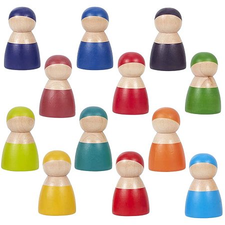 PandaHall Elite 12 pcs Natural Dyed Colorful Wood Peg Doll Bodies Wooden People Decorations Family Craft People Set for Arts, Male and Female