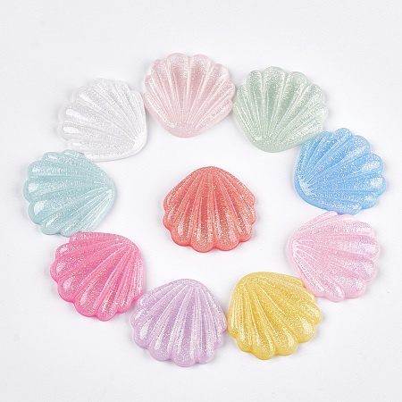 Resin Cabochons, with Glitter Powder, Scallop, Mixed Color, 39x40x8mm