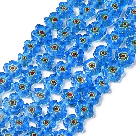 Handmade Millefiori Glass Bead Strands, Flower, Sky Blue, 10x2.6mm, Hole: 1mm, about 42pcs/strand, 15.75 inch(40cm)