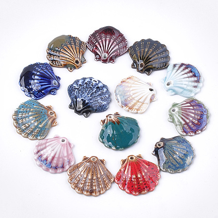 Arricraft Handmade Porcelain Pendants, Fancy Antique Glazed Porcelain, Scallop Shell Shape, Mixed Color, 28.5x30x6mm, Hole: 2mm