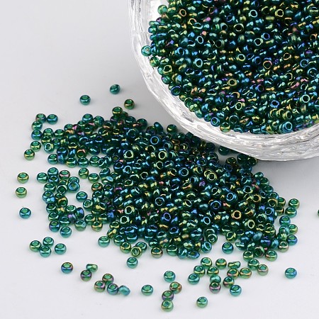 FGB Seed Beads, Sea Green 12/0 Round Glass Seed Beads, Transparent Colours Rainbow, 2x1.5mm, Hole: 0.9mm, about 3300pcs/50g