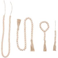 PandaHall Elite 4 pcs Wood Beads Garland with Jute Tassels, 11/11.4/32/42 Inch Rustic Wooden Bead Garlands Farmhouse Wooden Beads for Home Wall Hanging Decoration
