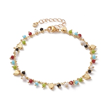 Honeyhandy Charm Anklets, with Rondelle Faceted Glass Beads, Brass Heart Beads and 304 Stainless Steel Lobster Claw Clasps, Colorful, Golden, 9-1/8 inch(23.2cm)