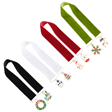 FINGERINSPIRE 4 Colors Velvet Ribbon Bookmark 11.6~12.2 inch Vintage Metal Charm Bookmark with Snowflake/Wreath/Reindeer/Tree Pendant Christmas Theme Velvet Bookmarks for Student Teacher Book Lovers