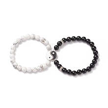 Honeyhandy 2Pcs 2 Style Natural Black Agate(Dyed) & Howlite Beaded Stretch Bracelets Set, Alloy Enamel Yin Yang Links Couple Bracelets for Best Friends Lovers, Black and White, Inner Diameter: 2 inch(5.1~5.2cm), 1Pc/style