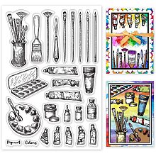 GLOBLELAND Painting Tools Clear Stamps Paint Brush Silicone Clear Stamps Palette Rubber Transparent Seal Stamps for DIY Card Making Scrapbooking Photo Album Journal Decoration