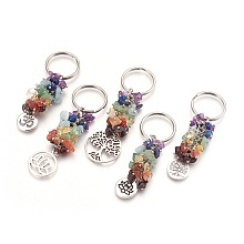 Honeyhandy Natural Gemstone Keychain Sets, with Brass Findings, Flat Round, 78~88mm, Pendant: 19~28.5x15~25x1.5~2mm, 5pcs/set