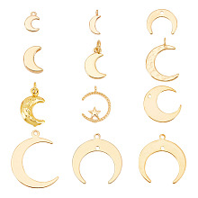 Arricraft 24Pcs 12 Style Brass Charms, Moon, Golden, 7.5~22x5~18x1~4mm, Hole: 1~3mm, 2pcs/style