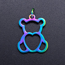 Honeyhandy Ion Plating(IP) 201 Stainless Steel Pendants, with Jump Rings, Bear with Heart, Rainbow Color, 18.5x14x1mm, Jump Ring: 5x0.8mm, Inner Diameter: 3mm