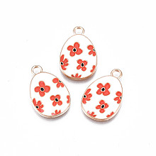 Alloy Enamel Pendants, Light Gold, Cadmium Free & Lead Free, Easter Egg Shape with Flower, Tomato, 22x14x1.5mm, Hole: 2mm