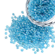 Honeyhandy Round Trans. Colors Rainbow Glass Seed Beads, Deep Sky Blue, Size: about 2mm in diameter, hole:1mm, about 3306pcs/50g