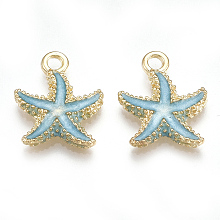 Honeyhandy Alloy Enamel Pendants, Starfish/Sea Stars, Light Gold, Sky Blue, 17.5x14.5x2.5mm, Hole: 2mm