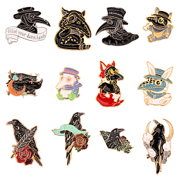 CHGCRAFT 12Pcs 12 Styles Plague Doctor/Crow Enamel Pins, Light Gold Alloy Gothic Brooches for Backpack Clothes, Mixed Color, 20~35x19~31x1.5~2mm, Pin: 1mm, 1Pc/style