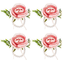 CRASPIRE 4PCS Flower Wrist Pink Wedding Corsage Pearl Bracelet Wristbands Artificial Flower Wrist Boutonniere Buttonholes Flower Wrists Wedding Flowers Accessories