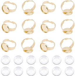 DICOSMETIC 12Pcs Finger Ring Trays Golden Round Blank Ring Bezel Trays Adjustable Rings Base Trays Stainless Steel Ring with 12Pcs Glass Cabochons for DIY Jewelry Ring Making, Tray: 12mm