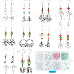 SUNNYCLUE 1 Box DIY 10 Pairs Christmas Charms Red Green Glass Beads Earrings Making Starter Kit Tibetan Style Antique Silver Snowflake Charms Christamas Tree Charms for Jewelry Making Kits Women