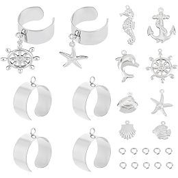 UNICRAFTALE 4 Sets Charm Rings Kit Stainless Steel Women's Ring Adjustable Rings with Ocean Theme Charms Dolphin Anchor Sea Horse Charm Open Cuff Finger Ring Components for DIY Ring Jewelry Making