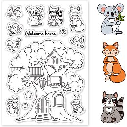 GLOBLELAND Animal and Tree House Silicone Clear Stamp Forest and Fox Transparent Silicone Stamp Rabbit and Flower Rubber Stamp for Scrapbook Journal Card Making