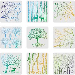 FINGERINSPIRE 9pcs Life of Tree Stencils 11.8x11.8inch Aspen Trees/Life Tree Stencils Painting Stencil Reusable Tree and Flying Birds Stencils for Painting on Wood Canvas Paper Fabric Floor Wall Tile