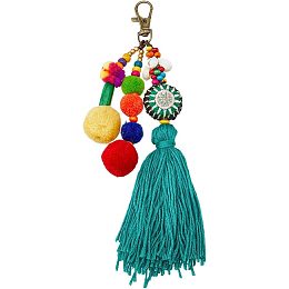 SUPERFINDINGS Bohemian Ethnic Style Bag Pedant with Alloy Swivel Clasp Tassel Purse Charm Colorful Pompom Ball Keychain Bead Hanging Ornament Car Rear Mirror Decoration for Woman Man Gift