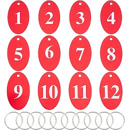 AHANDMAKER 12Pack Key Number Tags, 1-12 Aluminum Number Pendants, Number Key Chain with Ring Iron Round Aluminum Number Pendants for Dormitory Keys House Lockers 5x3x0.1cm, Red