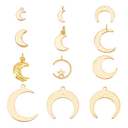 Arricraft 24Pcs 12 Style Brass Charms, Moon, Golden, 7.5~22x5~18x1~4mm, Hole: 1~3mm, 2pcs/style