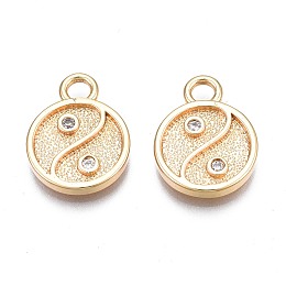 Brass Micro Pave Cubic Zirconia Pendants, Nickel Free, Real 18K Gold Plated, Flat Round, Clear, 16.5x12.5x2mm, Hole: 3mm