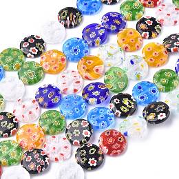 Honeyhandy Flat Round Handmade Millefiori Glass Beads Strands, Mixed Color, 14x3.5mm, Hole: 1mm, about 27pcs/strand, 14.1 inch