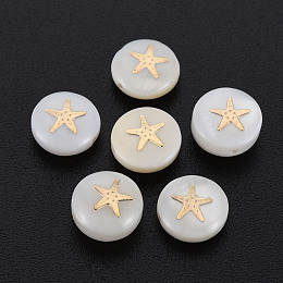 Honeyhandy Natural Freshwater Shell Beads, with Golden Plated Brass Metal Embellishments, Flat Round with Star, Seashell Color, 8x3.5mm, Hole: 0.7mm