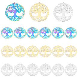 DICOSMETIC 18Pcs 3 Colors Tree of Life Pendants Flat Round with Tree Charms Hollow Good Luck Charms Etched Metal Embellishments Rainbow and Golden Metal Pendant for Jewelry Making, Hole: 1.4mm