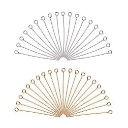 PandaHall Elite 160 pcs 40mm(1.57") 304 Stainless Steel Head Pins Findings Open Eye Pin 21-Gauge for Earring Pendant Jewelry Making, Golden/Silver