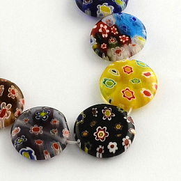 Honeyhandy Flat Round Handmade Millefiori Glass Beads Strands, Mixed Color, 14x3.5mm, Hole: 1mm, about 27pcs/strand, 14.1 inch