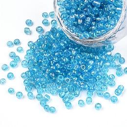 Honeyhandy Round Trans. Colors Rainbow Glass Seed Beads, Aqua, Size: about 3mm in diameter, hole: 1mm, about 1102pcs/50g