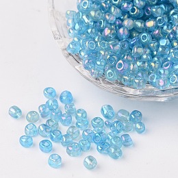 Honeyhandy 6/0 Transparent Rainbow Colours Round Glass Seed Beads, Aqua, Size: about 4mm in diameter, hole:1.5mm, about 495pcs/50g