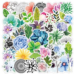 Honeyhandy 50Pcs Waterproof PVC Plastic Stickers, Self Adhesive Picture Stickers, for Water Bottles, Laptop, Luggage, Cup, Computer, Mobile Phone, Skateboard, Guitar Stickers, Mixed Styles Flower Pattern, Mixed Color, 50~80mm