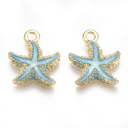 Honeyhandy Alloy Enamel Pendants, Starfish/Sea Stars, Light Gold, Sky Blue, 17.5x14.5x2.5mm, Hole: 2mm
